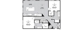 A black and white floor plan of a house with a dining area, living room, and two bedrooms.
