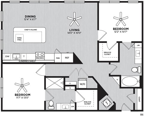 A black and white floor plan of a house with a dining area, living room, and two bedrooms.