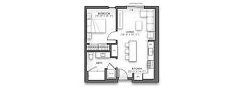 A floor plan of a Juliet balcony apartment with a living room, bedroom, bathroom, kitchen, and dining area.