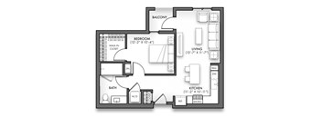 A black and white image of a house floor plan with a balcony, two bedrooms, a living room, a kitchen, a bathroom, and a laundry area.