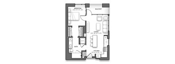 A black and white floor plan of an apartment with a balcony.