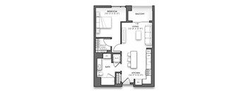 A black and white image of a floor plan for a small apartment.