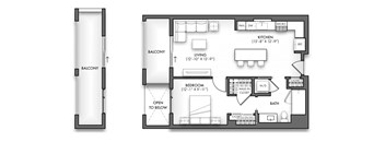 A floor plan of a small apartment with a balcony.