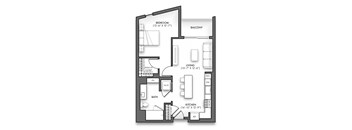 A black and white image of a floor plan for a small apartment.