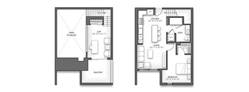 A floor plan of a two-bedroom apartment with a living room, kitchen, and bathroom.