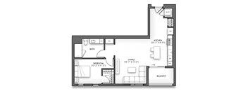 A floor plan of a small apartment with a living room, bedroom, bathroom, kitchen, and balcony.