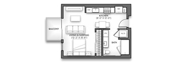 A black and white image of a floor plan for a small apartment.
