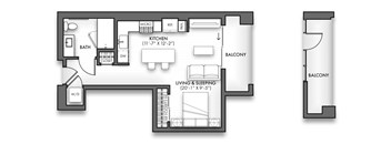 A black and white image of a floor plan for a small apartment.