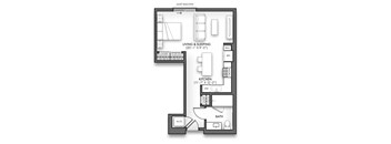 A floor plan of a JULIET BALCONY apartment with a living and sleeping area, kitchen, and bathroom.