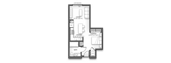 A floor plan of a Juliet Balcony apartment with a living room, kitchen, sleeping area, and bathroom.