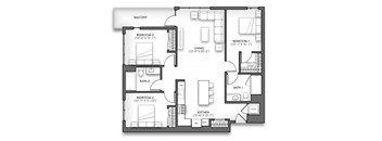 A black and white floor plan of an apartment with a balcony, three bedrooms, a living room, a kitchen, and two bathrooms.