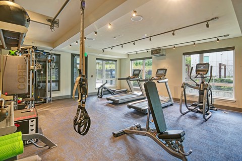 a gym with weights and cardio equipment in a room with windows
