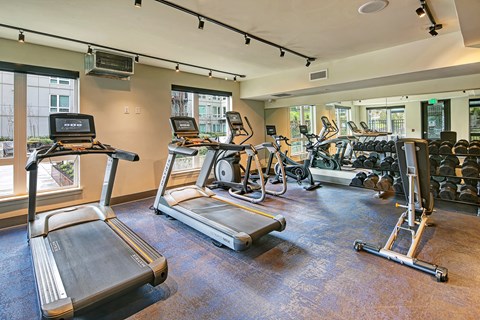 the gym at the at the boulevard apartments in