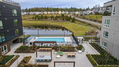 a view of a pool and a pond in a building