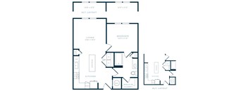 A floor plan of a small apartment with a living room, bedroom, kitchen, and walk-in closet.