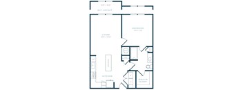 A floor plan of a small apartment with a living room, kitchen, bedroom and walk-in closet.