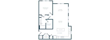 A floor plan of a house with a bedroom, living room, dining room, kitchen, and walk-in closet.
