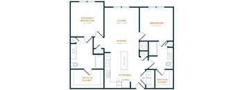 A floor plan of a house with a primary bedroom, living room, dining room, kitchen, and two walk-in closets.