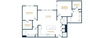 A floor plan of a home with a living room, kitchen, two bedrooms and a walk-in closet.