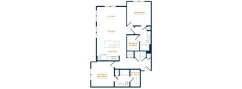 A floor plan of a home with a living room, dining room, kitchen, and two bedrooms.