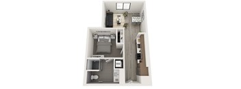 A floor plan of a small apartment with a bedroom, living room, and bathroom.
