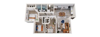 A top-down view of a small apartment with a bedroom, living room, kitchen, and bathroom.