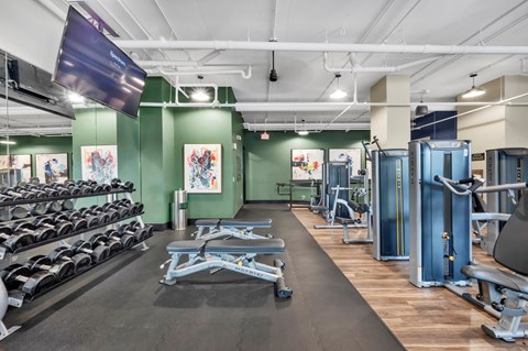 A gym with a variety of equipment including weights and machines.