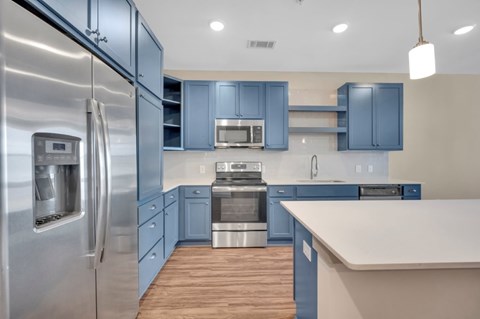 A modern kitchen with blue cabinets and stainless steel appliances.