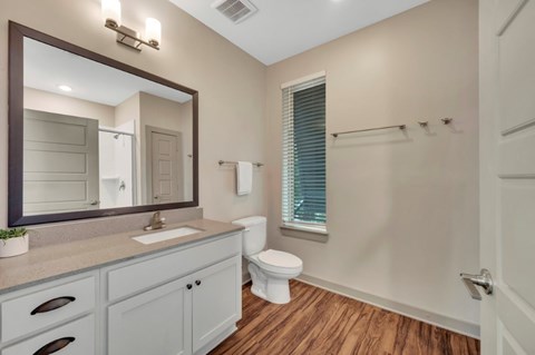 A bathroom with a toilet, sink, and mirror.
