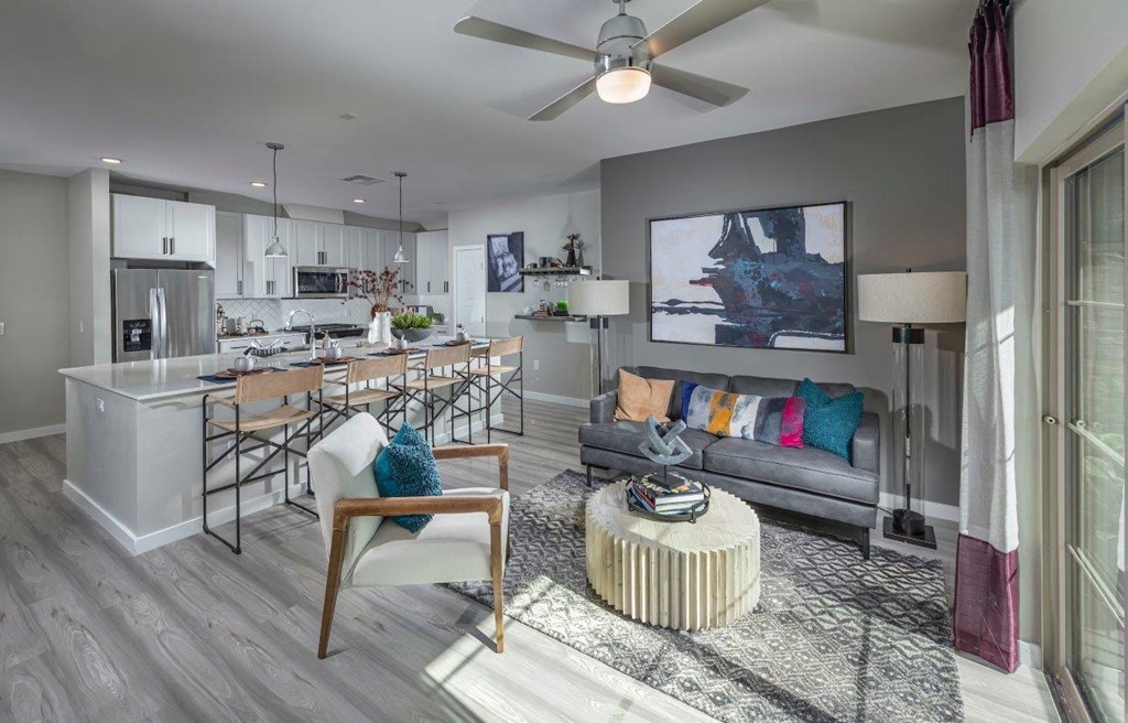 Alton Southern Highlands Apartments in Las Vegas, Nevada Model Living Room and Kitchen with Large Island