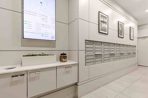 A white wall with a screen and drawers.