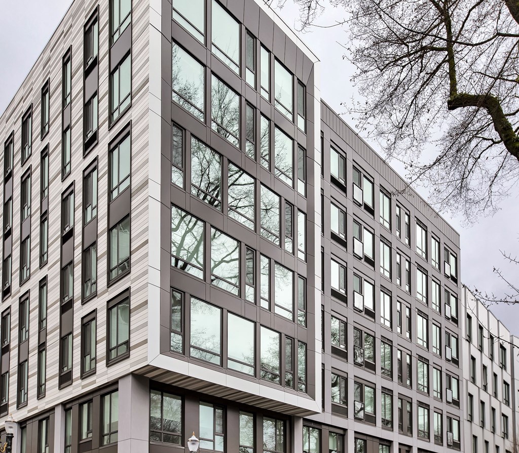 A modern building with a lot of windows and a tree in the background.