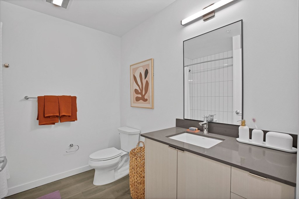 A bathroom with a toilet, sink, and mirror.