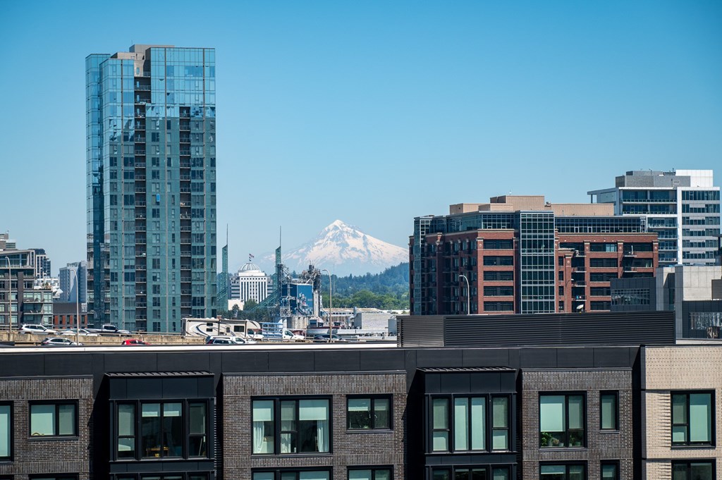 MERX view of Pearl District and Downtown cityscape with Mount Hood in the background.