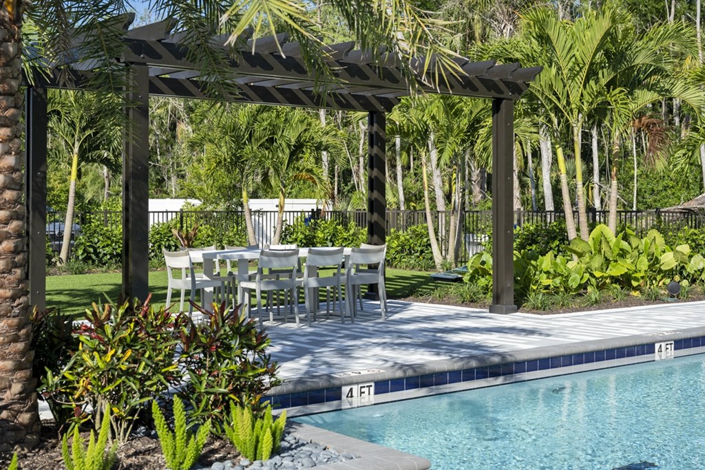 Argos by Soltura Rental Homes patio with a table and chairs next to a swimming pool