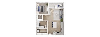 A top-down view of a small apartment with a bedroom, living room, and kitchen.