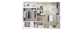 A top-down view of a modern, minimalist bedroom and bathroom layout.