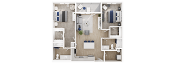 A top-down view of a modern, minimalist apartment layout.