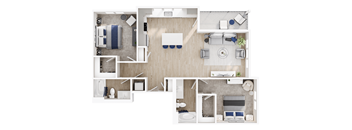 A top-down view of a modern, minimalist bedroom and bathroom.
