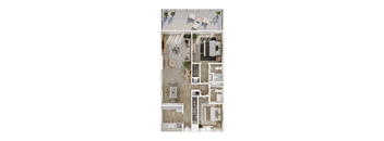 A top-down view of a house layout with a kitchen, living room, and bathroom.