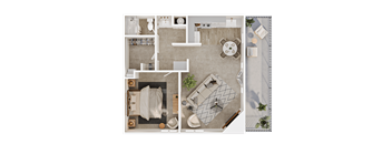 A top-down view of a well-organized living space with a dining area, kitchen, and a cozy seating area.