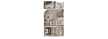 A series of images showing different layouts of a room with a kitchen, living room, and bathroom.