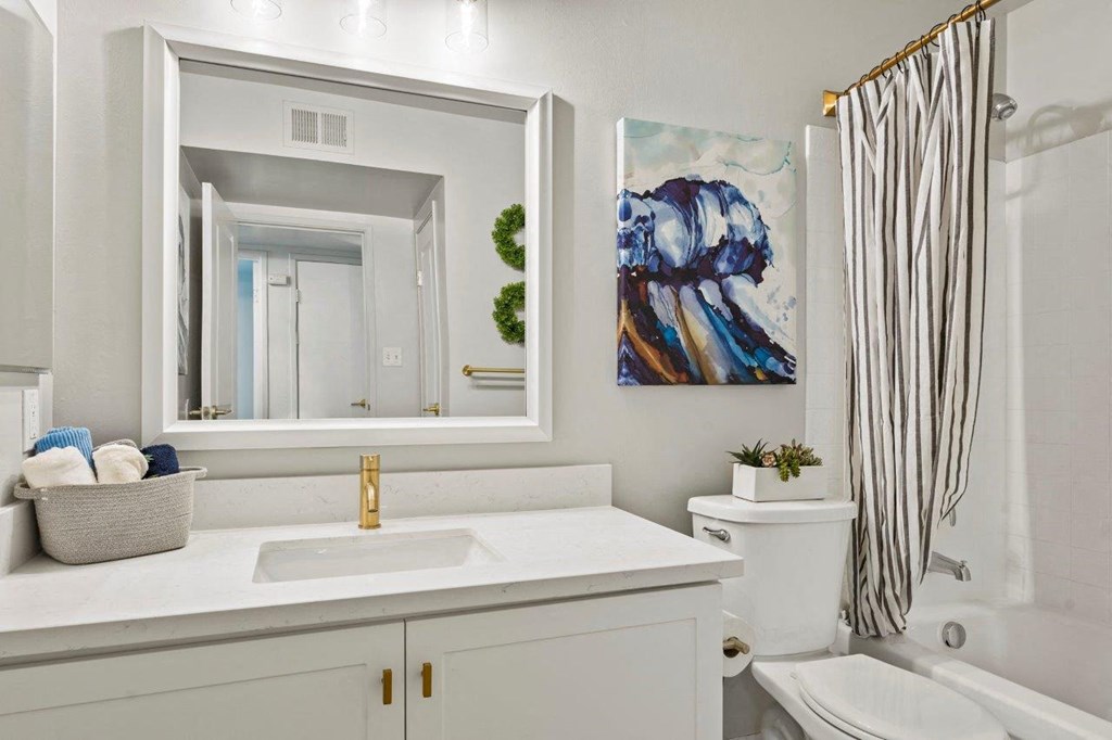 A bathroom with a white sink and a large mirror.