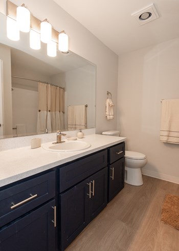 a bathroom with white countertops and blue cabinets - Photo Gallery 12