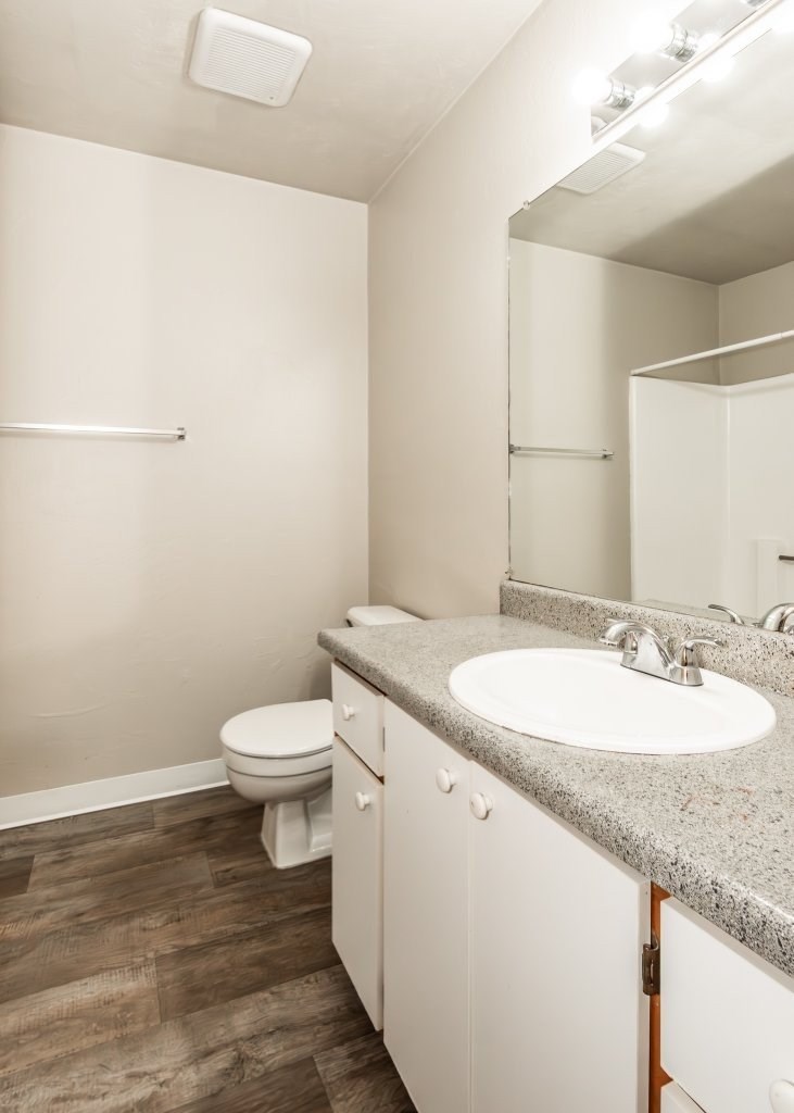 A bathroom with a toilet, sink, and mirror.