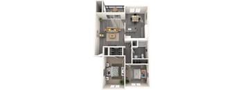 A 3D floor plan of a small apartment with a kitchen, living room, and two bedrooms.