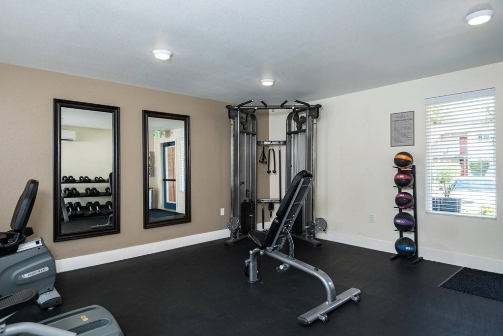 A home gym with a treadmill, weights, and mirrors.