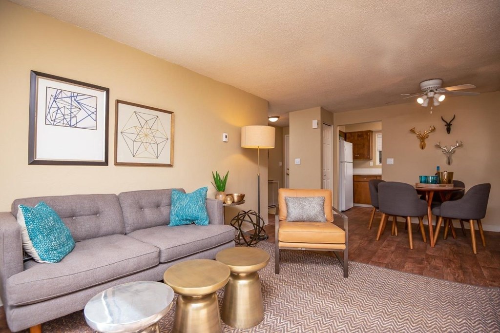 A living room with a grey couch, a wooden chair, a round table, and a rug.