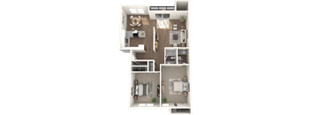 A top-down view of a house layout with a kitchen, living room, and two bedrooms.