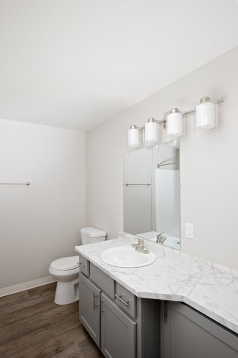 A bathroom with a marble countertop and a white toilet.